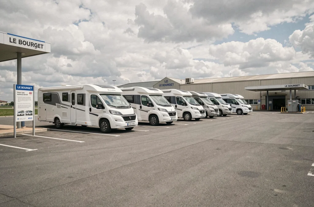 Aire de camping-cars du Bourget avec camping-cars alignés et signalétique d'accueil