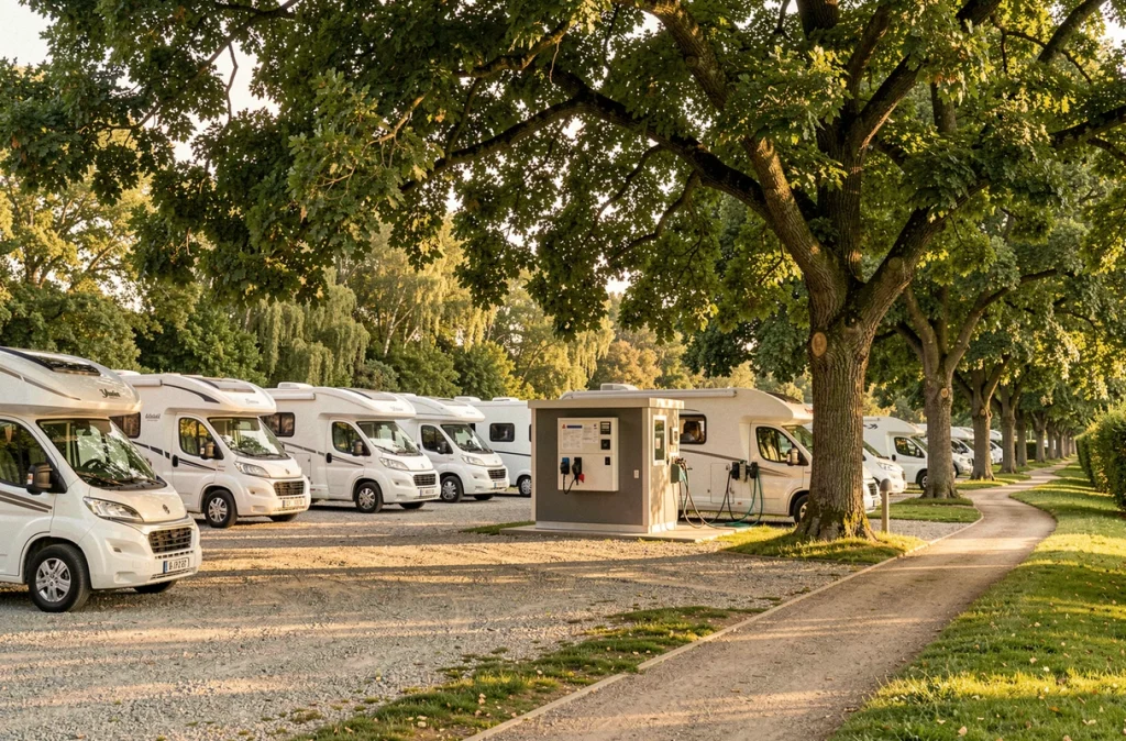 Aire de camping-cars de Livry-Gargan en bordure d'un parc boisé avec graviers et service