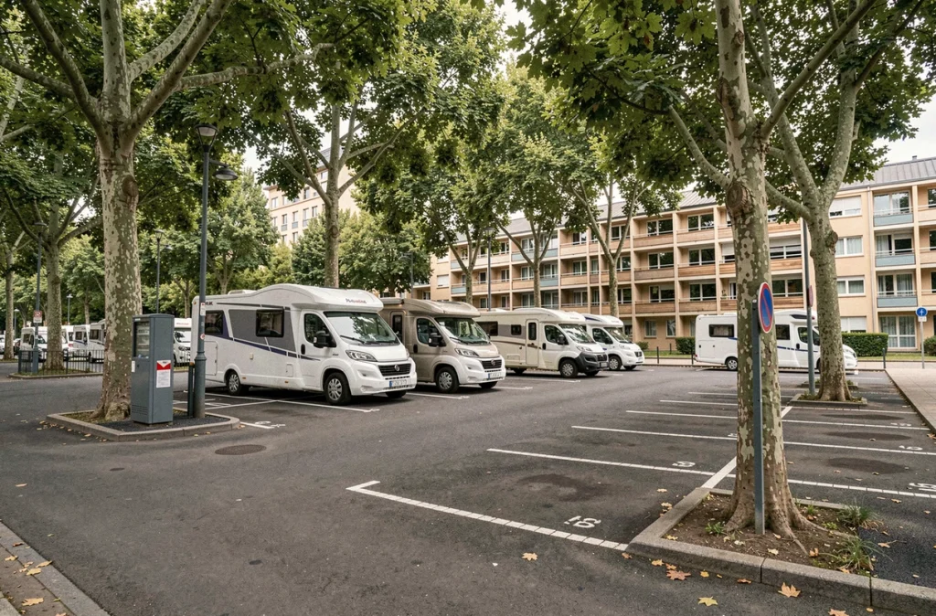 Aire de camping-cars de Montreuil le long d'une avenue urbaine bordée d'arbres