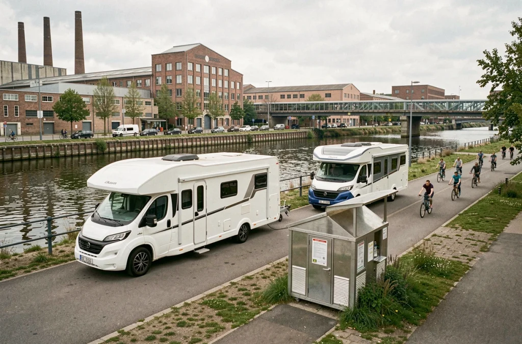 Aire de camping-cars de Pantin au bord du Canal de l'Ourcq avec architecture industrielle