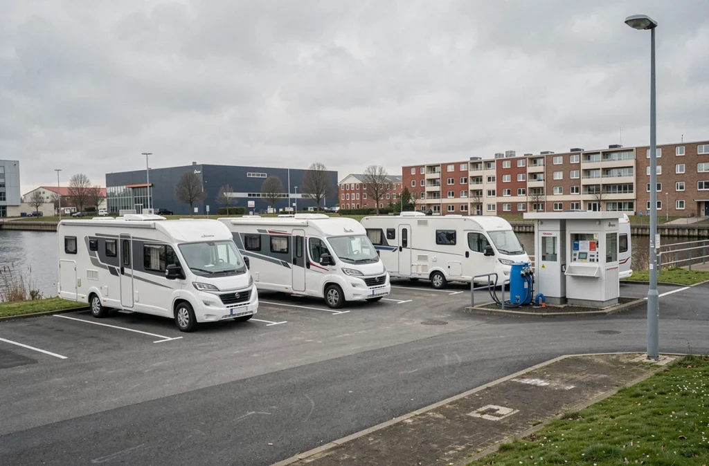 Aire de camping-cars de Saint-Denis au bord du canal avec immeubles en arrière-plan