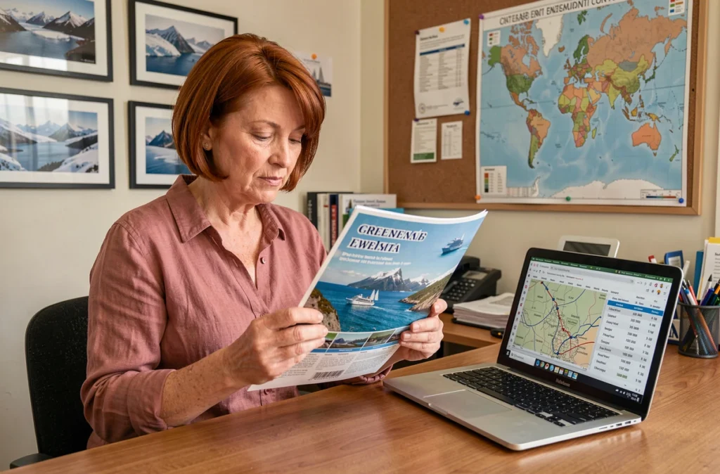 Femme consultant une brochure de croisière au Groenland dans une agence de voyages