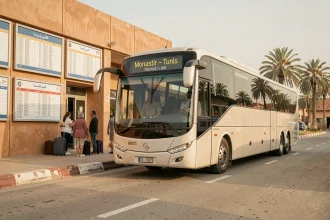 Bus interurbain à la gare routière reliant Monastir à Tunis, avec tableau d'affichage des horaires en arrière-plan