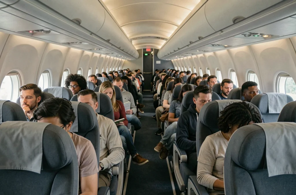Intérieur de cabine d'avion long-courrier pendant un vol entre La Réunion et Paris