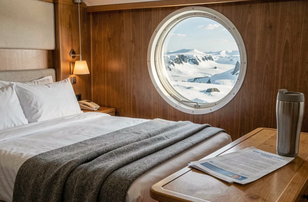 Cabine confortable d'un navire de croisière avec vue sur le paysage arctique du Groenland