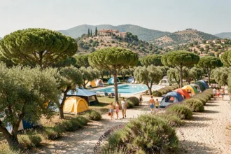 Vue panoramique d'un camping provençal ombragé sous les pins parasols dans les Alpes-Maritimes, avec tentes colorées, piscine turquoise et collines méditerranéennes en arrière-plan