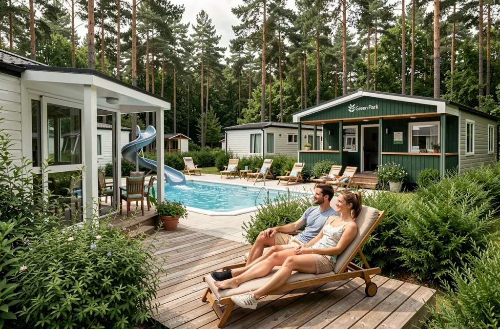 Un couple se détend sur la terrasse d'un mobil-home au Camping Green Park, entouré de végétation luxuriante et d'une piscine avec toboggan aquatique