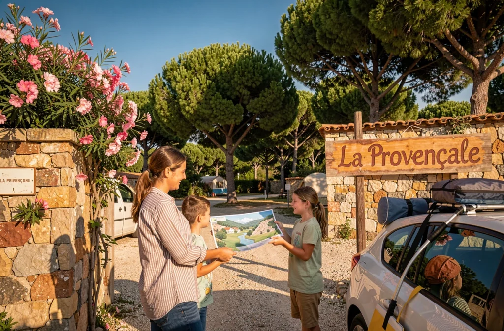 Accueil chaleureux à l'entrée du Camping La Provençale, avec une réceptionniste remettant un plan à une famille arrivante devant un mur en pierre fleuri d'oléandres