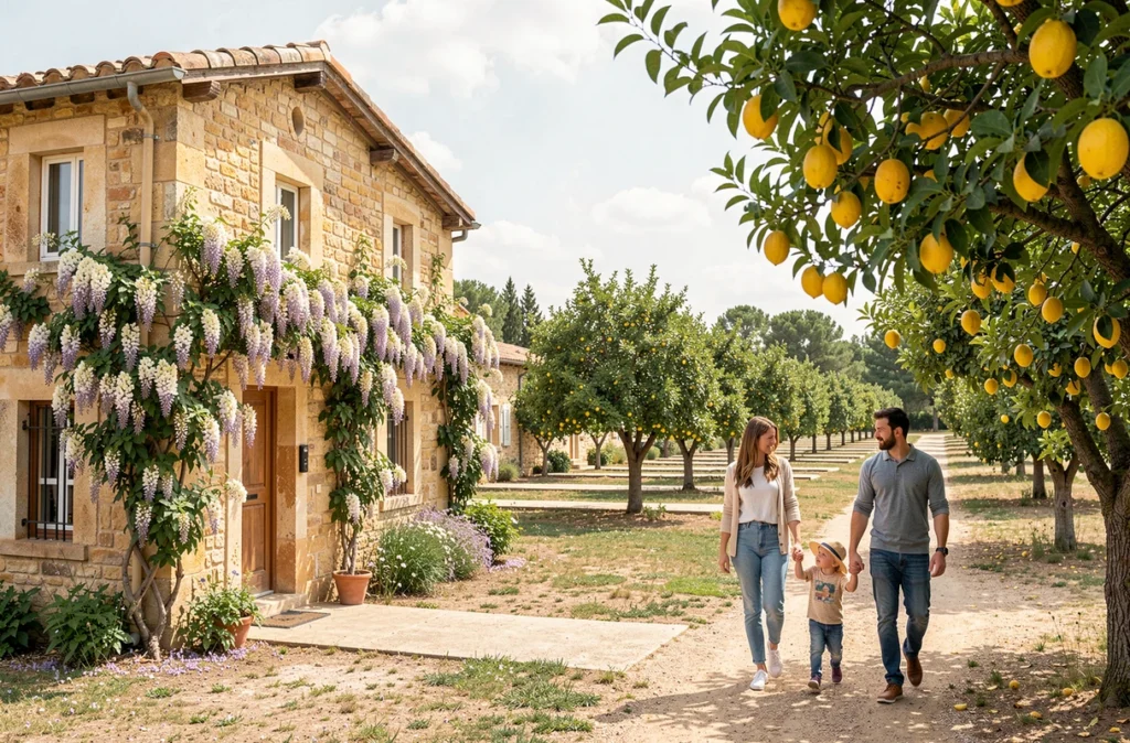 Une jeune famille se promenant sous les citronniers et figuiers du Camping Le Mas Fleuri, avec un mas provençal en pierre dorée couvert de glycine en arrière-plan