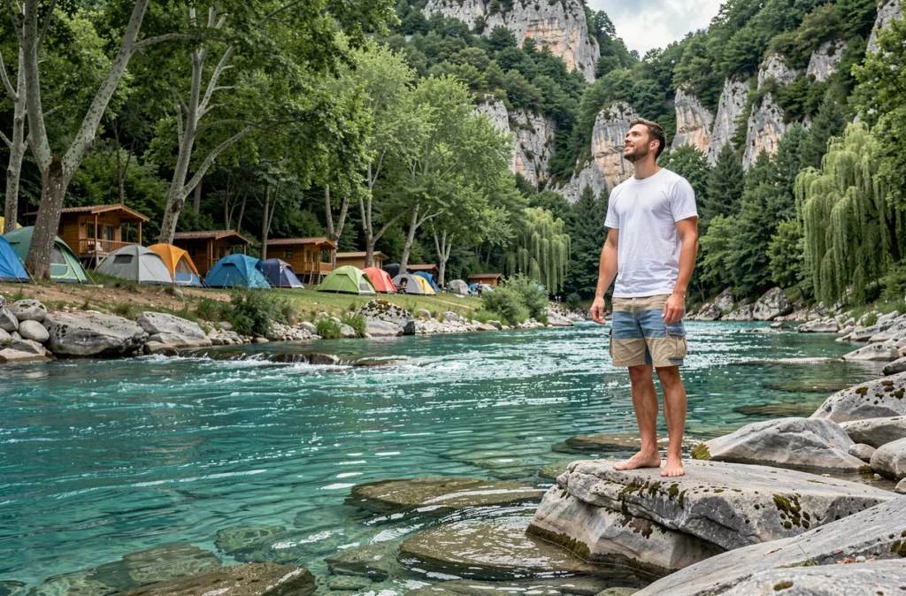 Un jeune homme debout sur un rocher au bord de la rivière Loup au Camping Les Rives du Loup, avec des tentes et des chalets en bois sous les platanes en arrière-plan