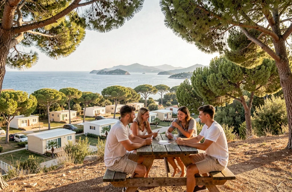 Famille jouant aux cartes sur une table de pique-nique au Camping Parc Bellevue Cannes, avec une vue panoramique sur la baie de Cannes et les îles de Lérins en arrière-plan