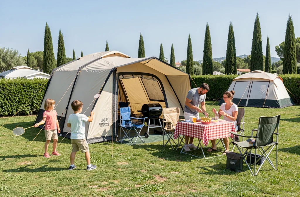 Scène de camping familiale au Camping Saint Louis avec une grande tente, des enfants jouant au badminton et des parents préparant un repas en plein air sur une pelouse ombragée