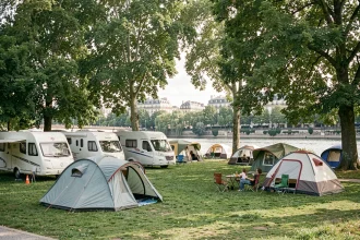 Vue générale d'un camping en Seine-Saint-Denis avec tentes et camping-cars au bord de l'eau