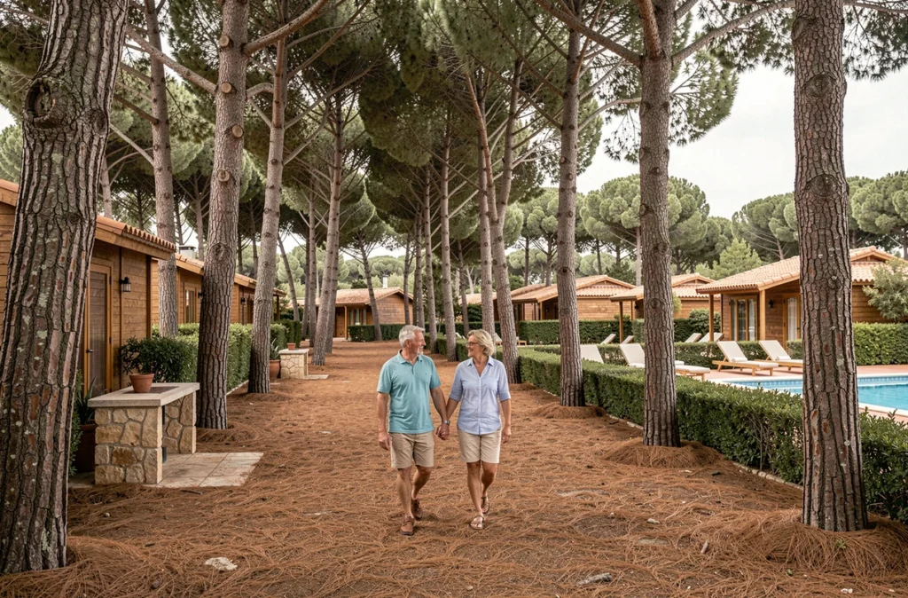Un couple élégant se promenant sous les pins maritimes majestueux du camping Sites et Paysages Les Pinèdes, avec des bungalows aux toits en tuiles et une piscine visible en arrière-plan