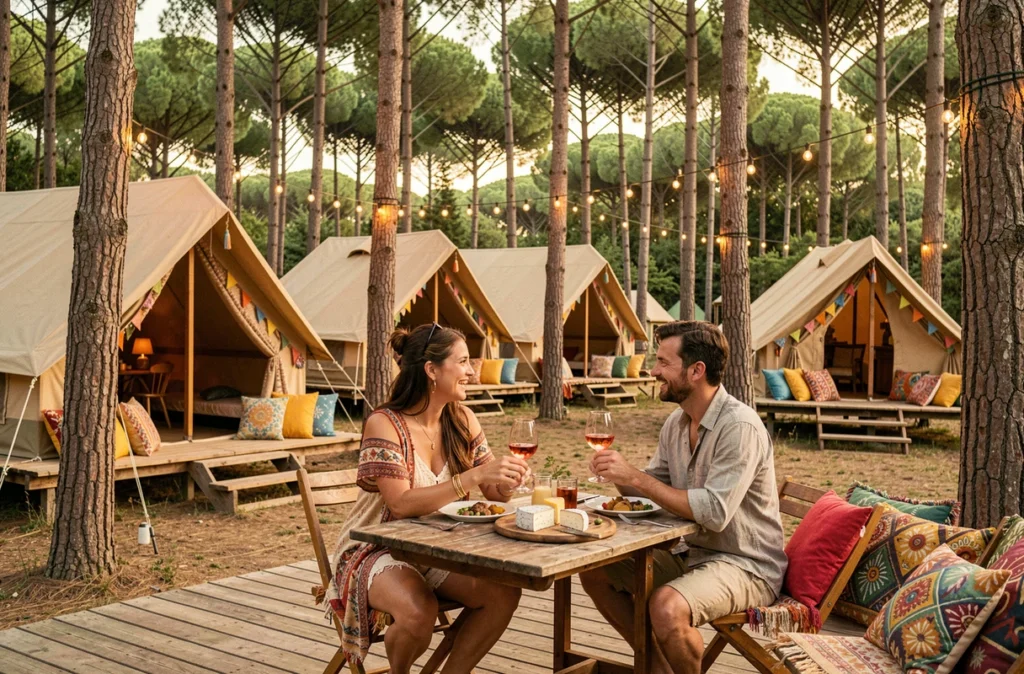 Deux amis partageant un repas provençal sur une terrasse en bois devant des tentes safari colorées au milieu des pins au Camping Tikayan La Pinatelle