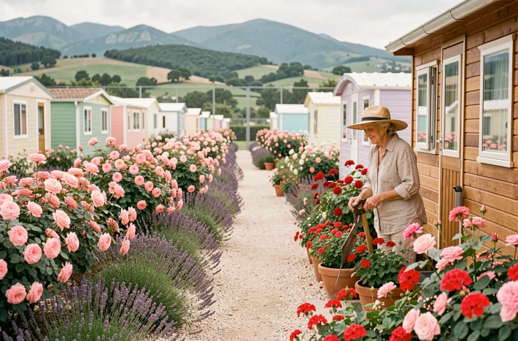 Une femme jardinant parmi les rosiers et les lavandes au Camping Val Fleuri, avec des mobil-homes aux couleurs pastels et les collines des Alpes-Maritimes en arrière-plan