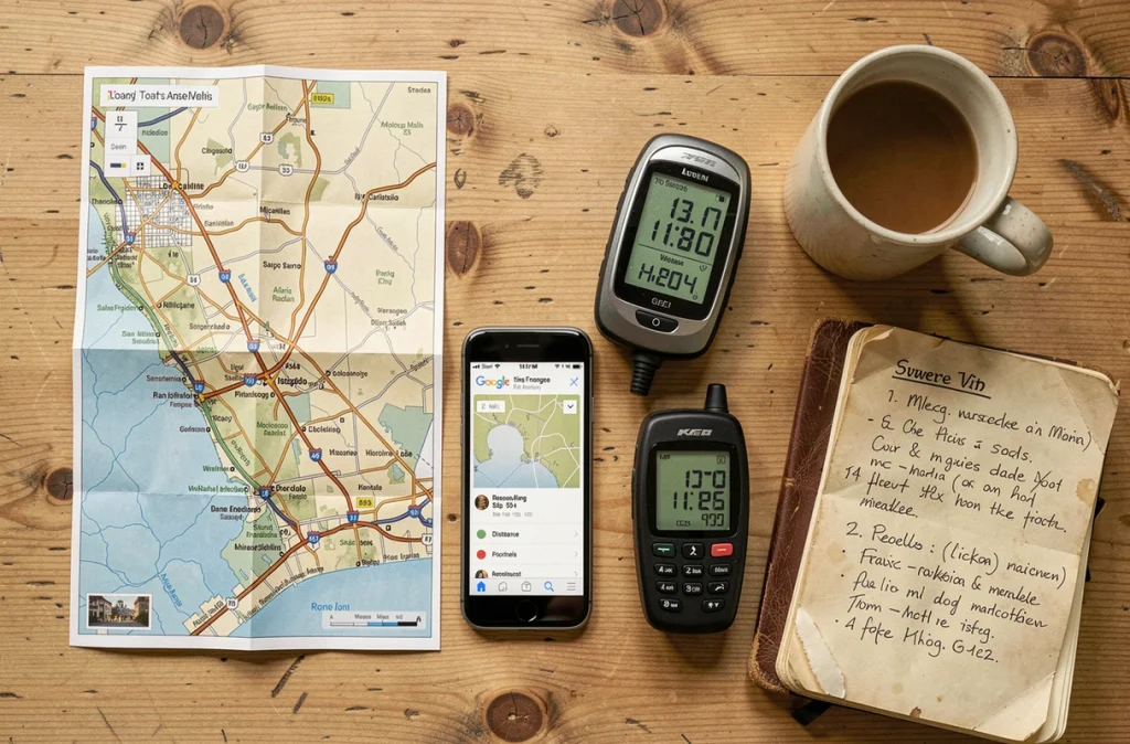 Comparaison de distances Los Angeles San Francisco sur carte papier, Google Maps et GPS posés sur une table de diner californien