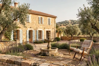 Façade en pierre d'une chambre d'hôtes de charme dans le Gard avec jardin provençal et volets bleus