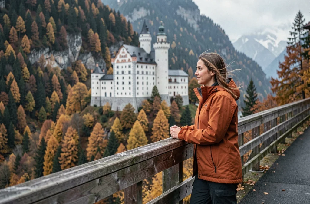 Voyageuse admirant le château de Neuschwanstein depuis le pont Marienbrücke entouré de forêts automnales en Bavière