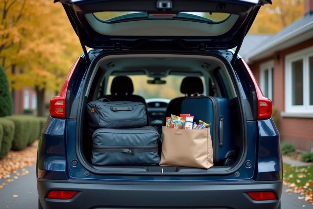 Coffre de voiture chargé de bagages pour le trajet en voiture de Montréal à New York City