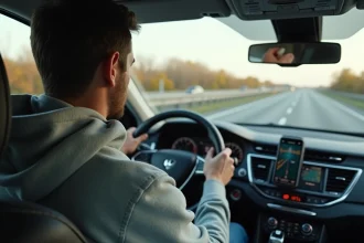 Conducteur au volant d'une voiture sur l'autoroute entre Montréal et New York City, regardant la navigation GPS