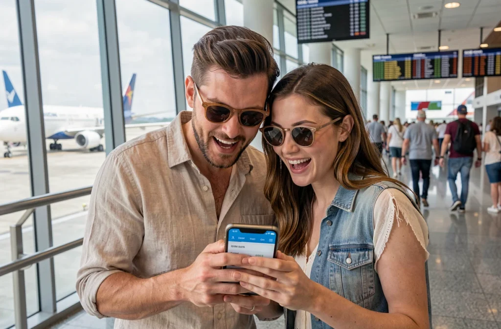 Couple cherchant des billets d'avion pas chers pour Coachella dans un aéroport moderne sur smartphone