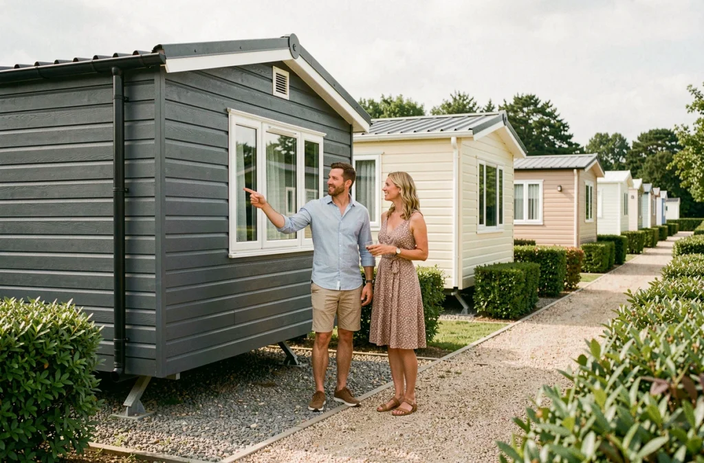 Couple comparant deux modèles de mobil-homes dans un parc résidentiel de loisirs