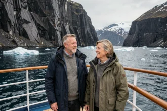 Couple sur le pont d'un bateau de croisière observant les fjords et icebergs du Groenland