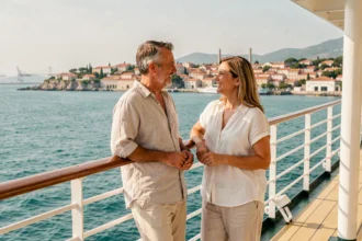 Couple souriant sur le pont d'un bateau de croisière avec vue sur la côte méditerranéenne