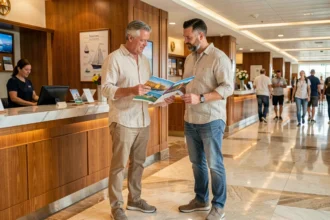 Couple consultant le catalogue d'excursions MSC Croisières au bureau des activités à bord