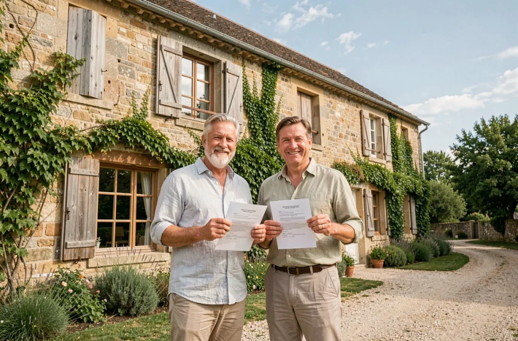 Couple devant un gîte en pierre tenant des documents de réservation de location de vacances