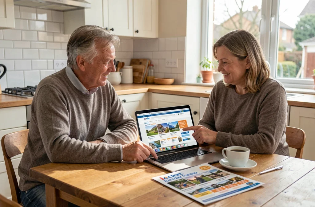 Couple planifiant leurs vacances avec les promos voyage du mardi Leclerc sur laptop à la maison