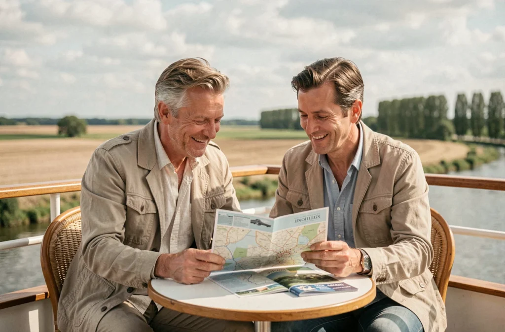Couple de voyageurs consultant une carte sur le pont d'un bateau de croisière sur la Loire