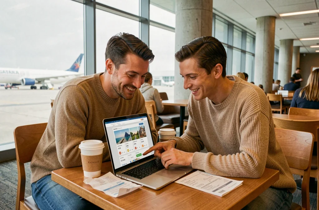 Couple cherchant des vols pas chers sur un ordinateur portable dans un salon d'aéroport pour un week-end de voyage