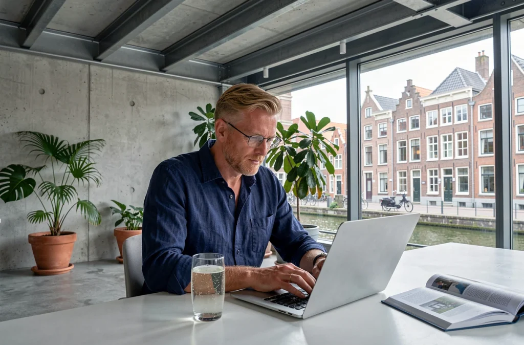 Homme en télétravail dans un espace de coworking moderne à Gand avec vue sur les maisons de guilde et le canal
