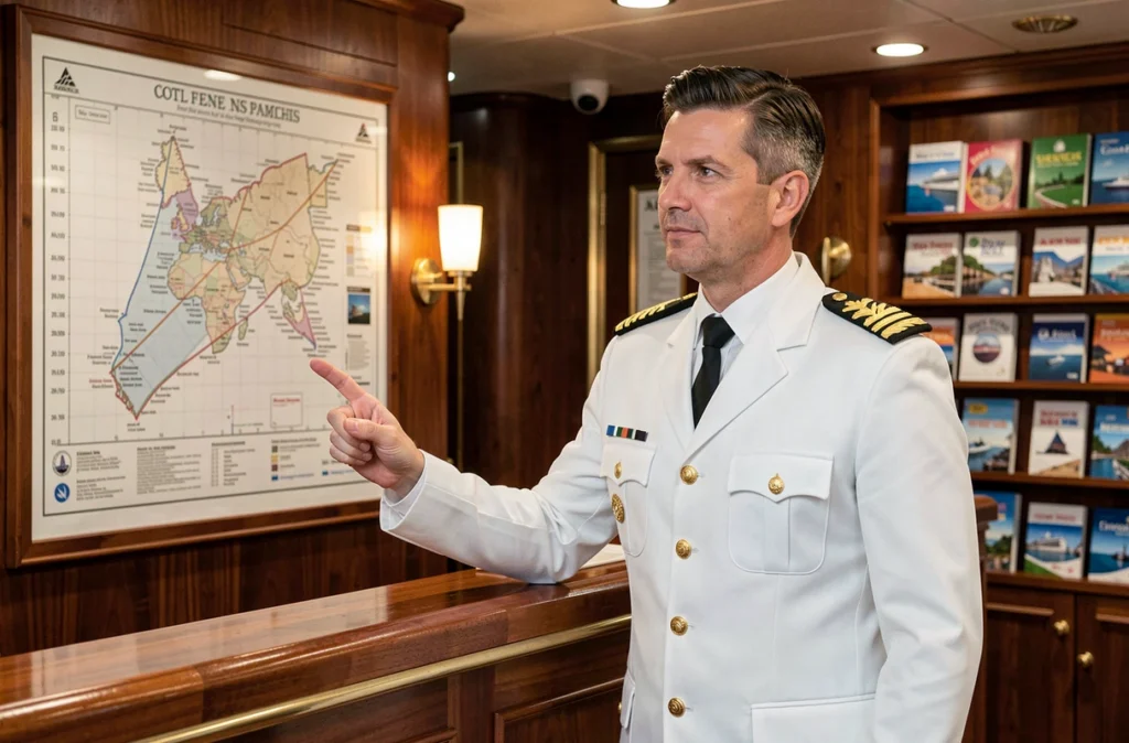 Responsable de croisière en uniforme présentant les itinéraires disponibles au comptoir d'accueil d'un paquebot