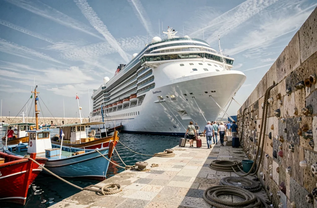 Paquebot de croisière amarré dans un port méditerranéen avec des passagers embarquant sur la passerelle