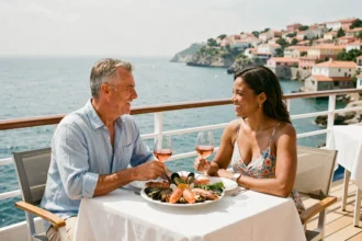 Couple profitant d'un repas gastronomique sur le pont d'une croisière en Méditerranée avec vue sur la côte