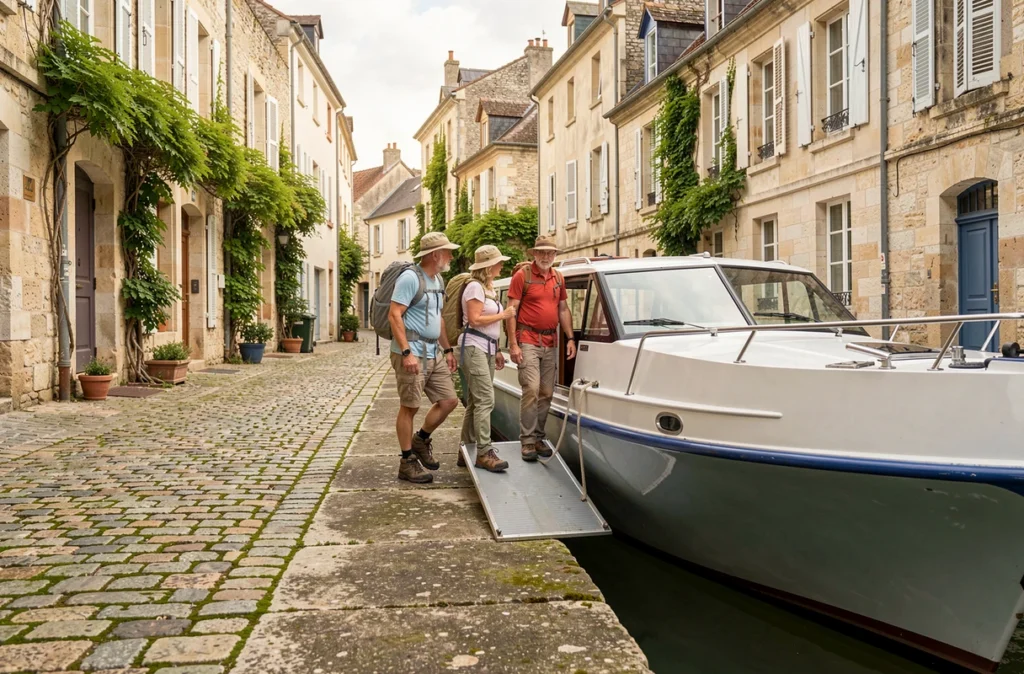 Passagers débarquant d'un bateau de croisière fluviale dans un village du Val de Loire