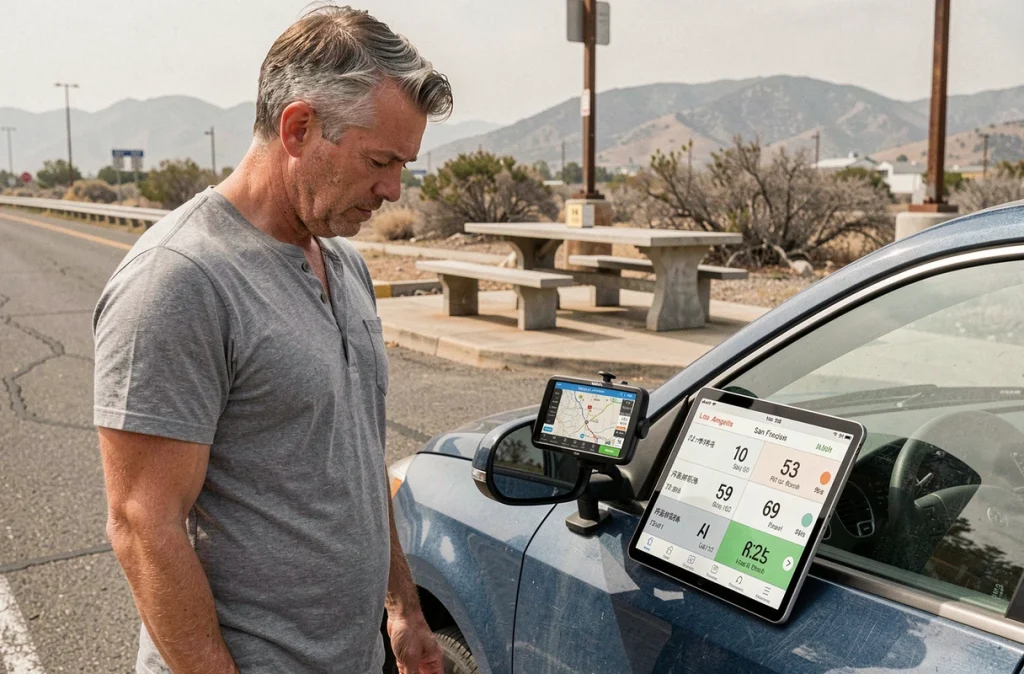 Homme comparant la distance Los Angeles San Francisco sur un GPS dédié et une tablette à un arrêt routier en Californie