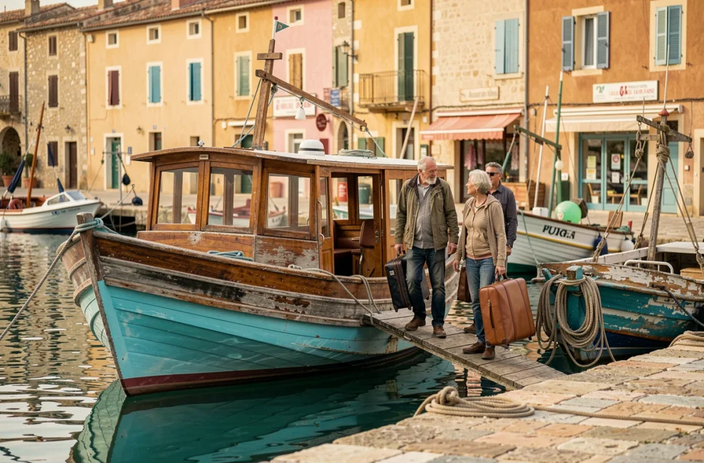 Passagers embarquant sur un gulet en bois dans un village de pêcheurs provençal pour une croisière à taille humaine