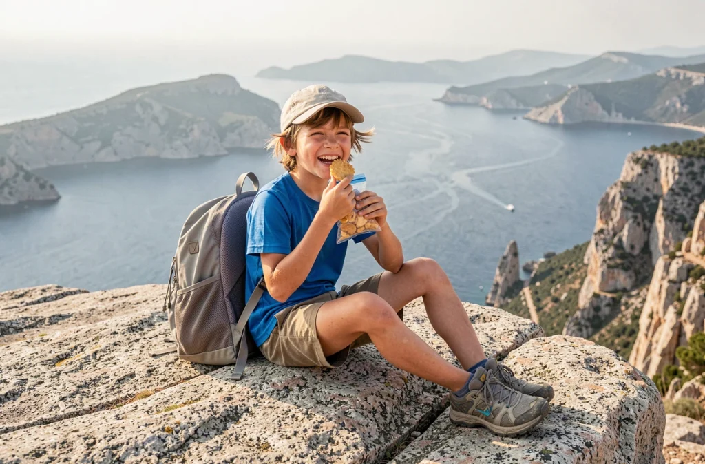 Enfant en pause sur un rocher de granit au sommet du Capu di Muru avec vue panoramique sur le golfe de Valinco en Corse