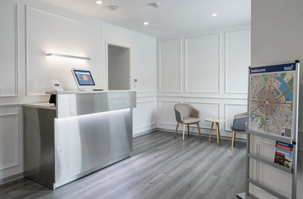 Hall de réception intérieur d'un hôtel budget proche de la gare de Strasbourg