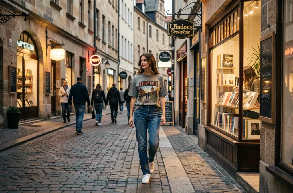 Étudiante se promenant sur la Hauptstrasse de Heidelberg au crépuscule devant les vitrines de boutiques et bâtiments en grès