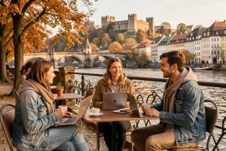 Groupe d'étudiants attablés en terrasse au bord du Neckar à Heidelberg avec vue sur le vieux pont et le château en automne