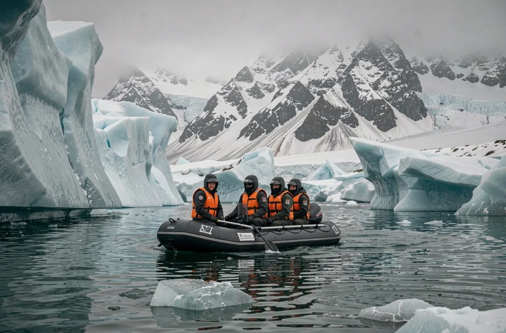 Passagers en zodiac naviguant entre les icebergs lors d'une excursion de croisière au Groenland