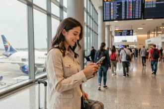 Jeune femme à l'aéroport consultant son billet d'avion sur smartphone pour un week-end en voyage pas cher