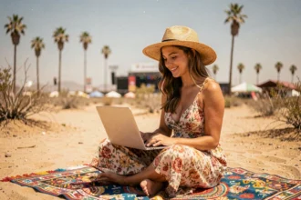 Jeune femme en tenue bohème consultant des offres de vols pour Coachella sur un laptop en plein désert californien