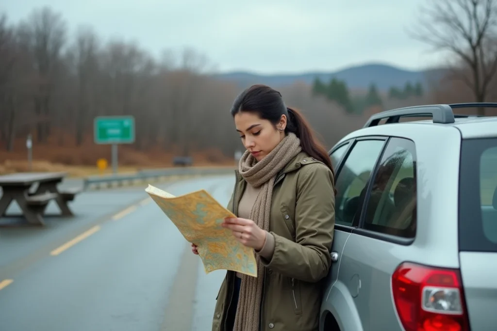 Femme consultant une carte routière à une aire de repos lors du trajet en voiture de Montréal à New York
