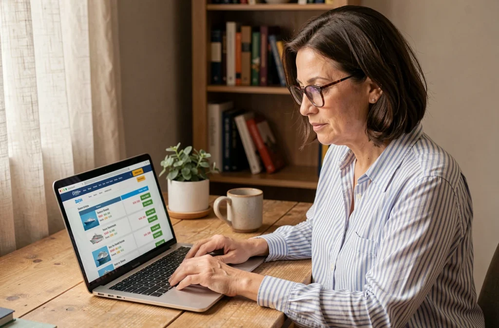 Femme comparant des offres de croisière en ligne sur son ordinateur portable depuis son bureau à domicile